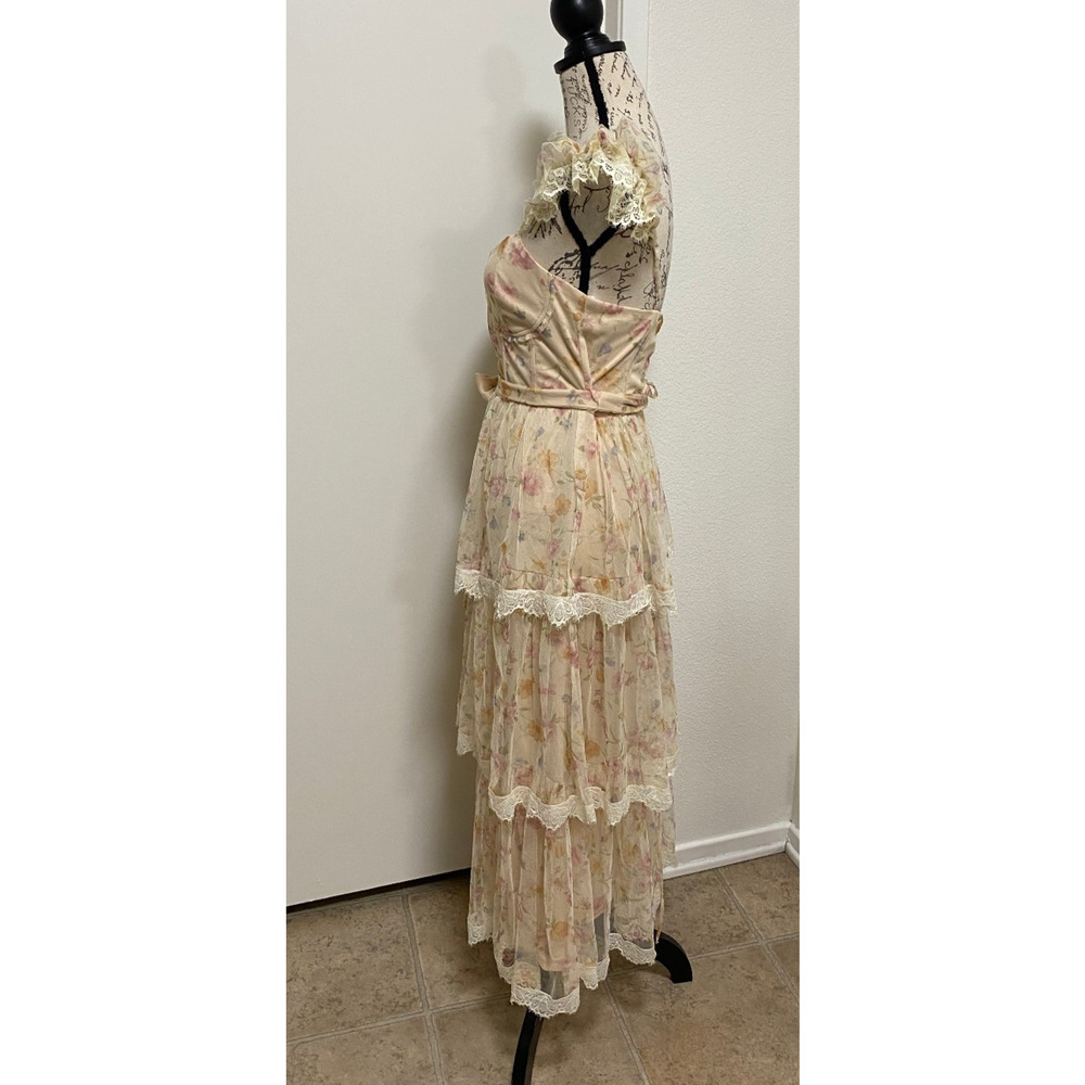 Lulus Dress Womens Small Cream Floral Lace Tiered Midi Ruffle Romantic Fairy - Picture 5 of 16